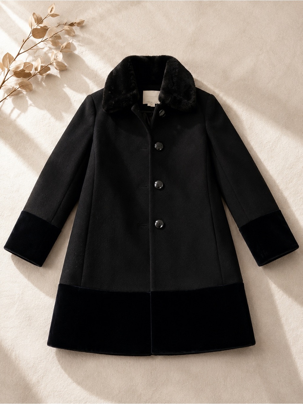 kate spade Black Faux-Fur Trim Wool Pea Coat